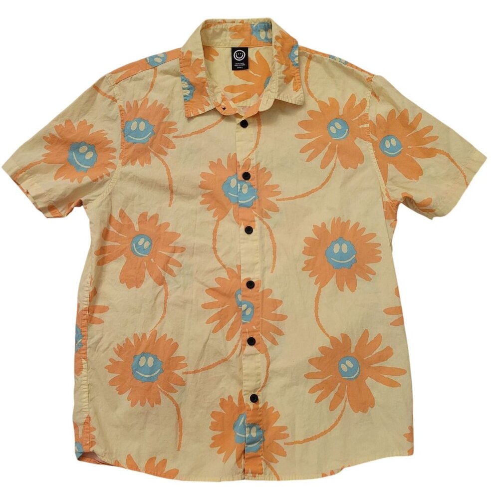 Neff Smiley Face Floral‎ Short Sleeve Button Up Shirt S Cotton Yellow Orange